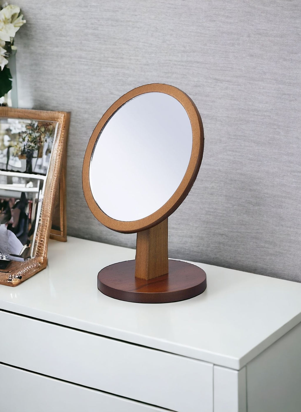 10" Brown Round Framed Makeup Shaving Tabletop Mirror - Montana Home & Kitchen Co.