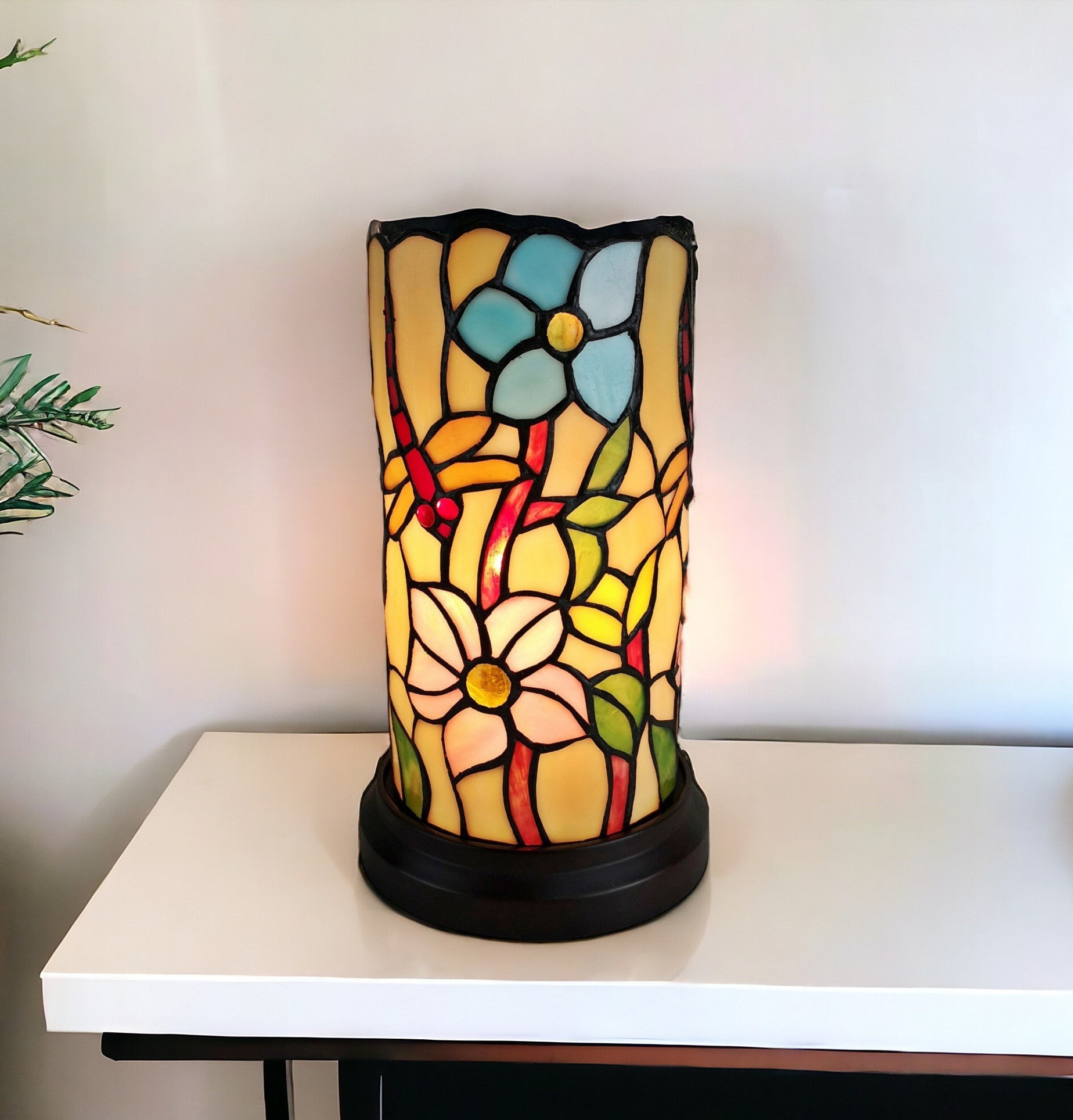 10" Red and Beige Dragonfly Stained Glass Accent Lamp - Montana Home & Kitchen Co.