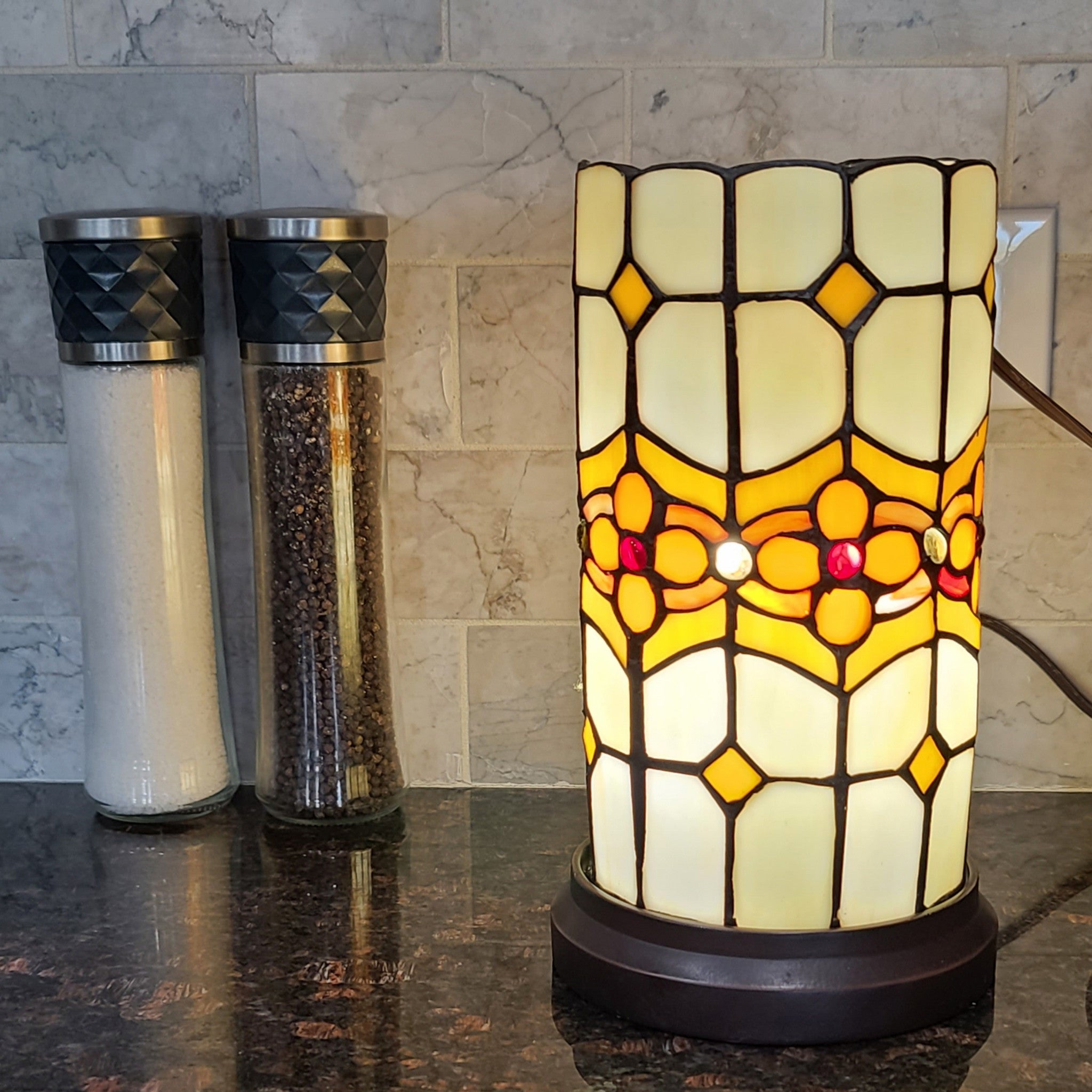 11" Brown and Beige Mosaic Tile Stained Glass Accent Lamp - Montana Home & Kitchen Co.