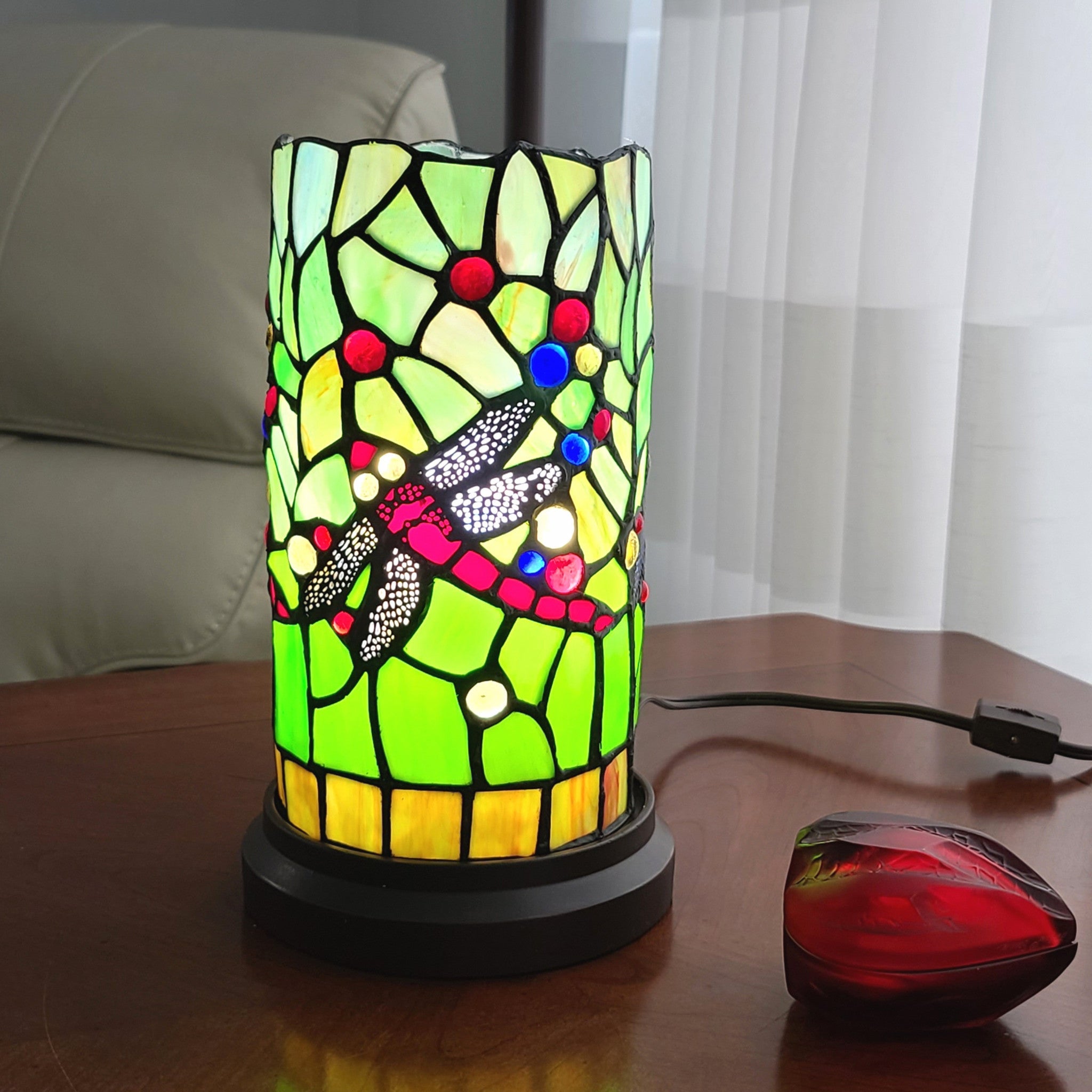 11" Green and Pink Dragonfly Stained Glass Accent Lamp - Montana Home & Kitchen Co.