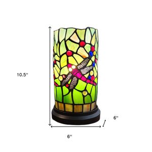 11" Green and Pink Dragonfly Stained Glass Accent Lamp - Montana Home & Kitchen Co.