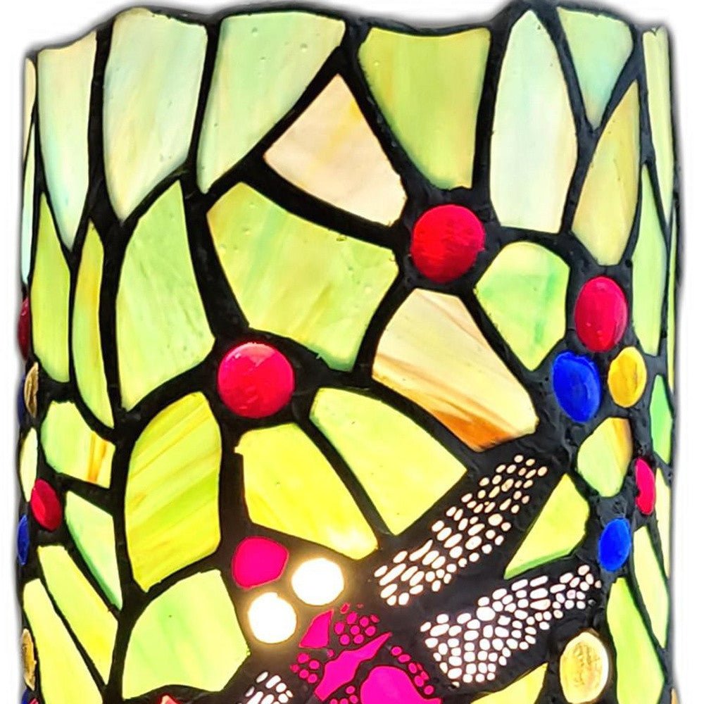 11" Green and Pink Dragonfly Stained Glass Accent Lamp - Montana Home & Kitchen Co.