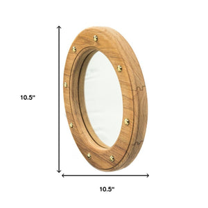 11" Round Wall Mounted Teak Wood Mirror with Nautical Rivets - Montana Home & Kitchen Co.