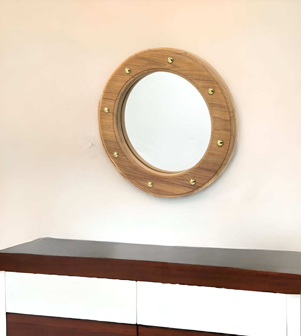 11" Round Wall Mounted Teak Wood Mirror with Nautical Rivets - Montana Home & Kitchen Co.