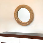 11" Round Wall Mounted Teak Wood Mirror with Nautical Rivets - Montana Home & Kitchen Co.