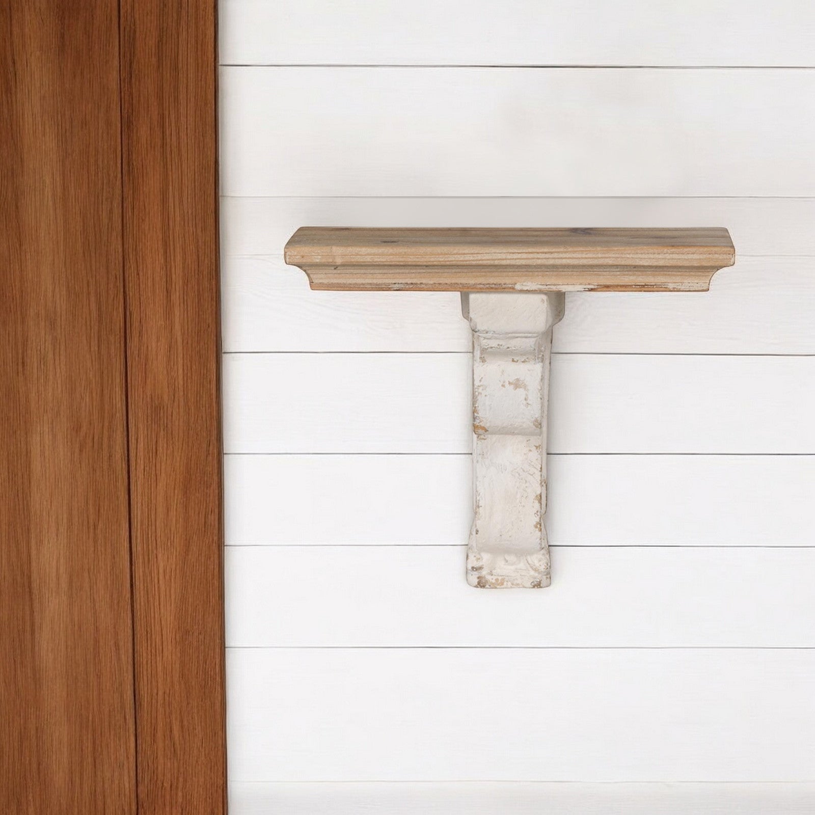 11" X 14" White and Natural Distressed Wood Corbel Style Wall Shelf - Montana Home & Kitchen Co.