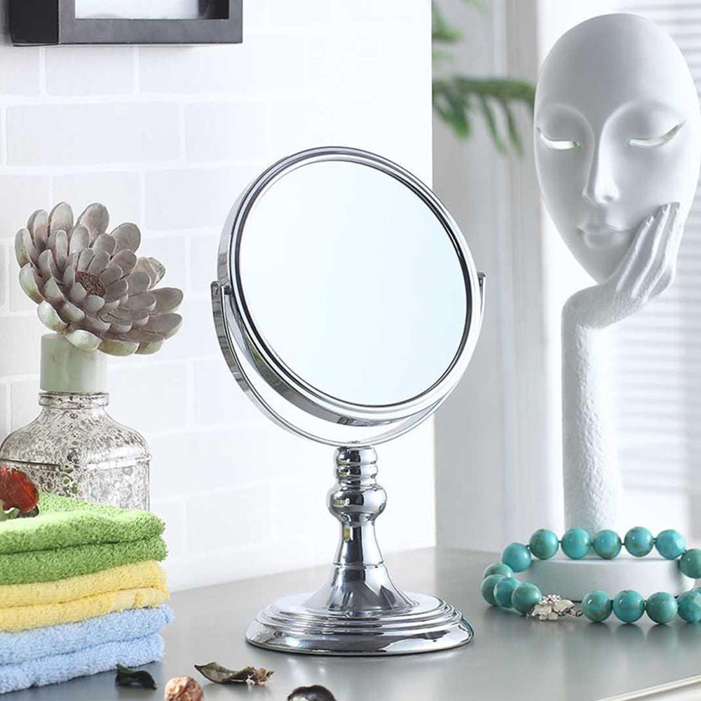 12" Silver Round Metal Framed Makeup Shaving Tabletop Mirror - Montana Home & Kitchen Co.