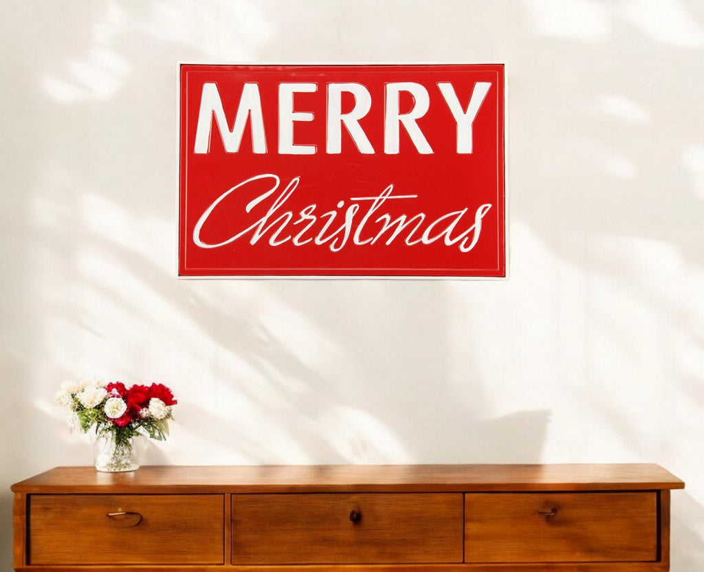 12" X 19" Red and White Handcrafted Merry Christmas Metal Wall Decor - Montana Home & Kitchen Co.