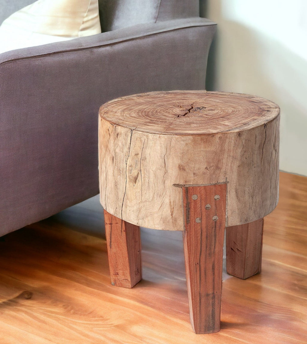 15" Dark Brown And Brown Distressed Reclaimed Wood Round End Table - Montana Home & Kitchen Co.