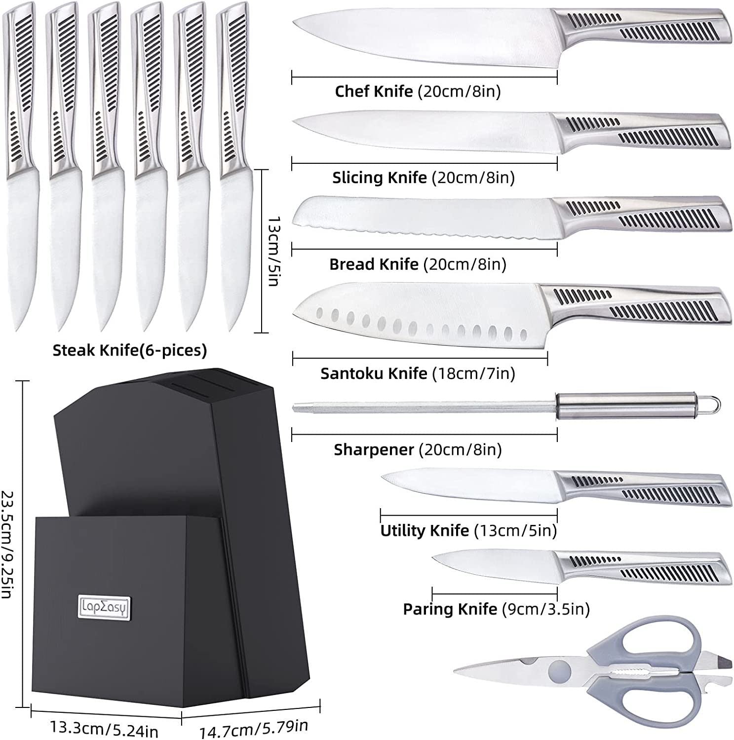 15 Piece Knife Sets With Block Stainless Steel Hollow Handle Cutlery With Manual Sharpener - Montana Home & Kitchen Co.