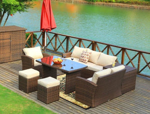 179.85" X 31.89" 32.68" Brown 7Piece Steel Outdoor Sectional Sofa Set With Ottomans And Storage Box - Montana Home & Kitchen Co.