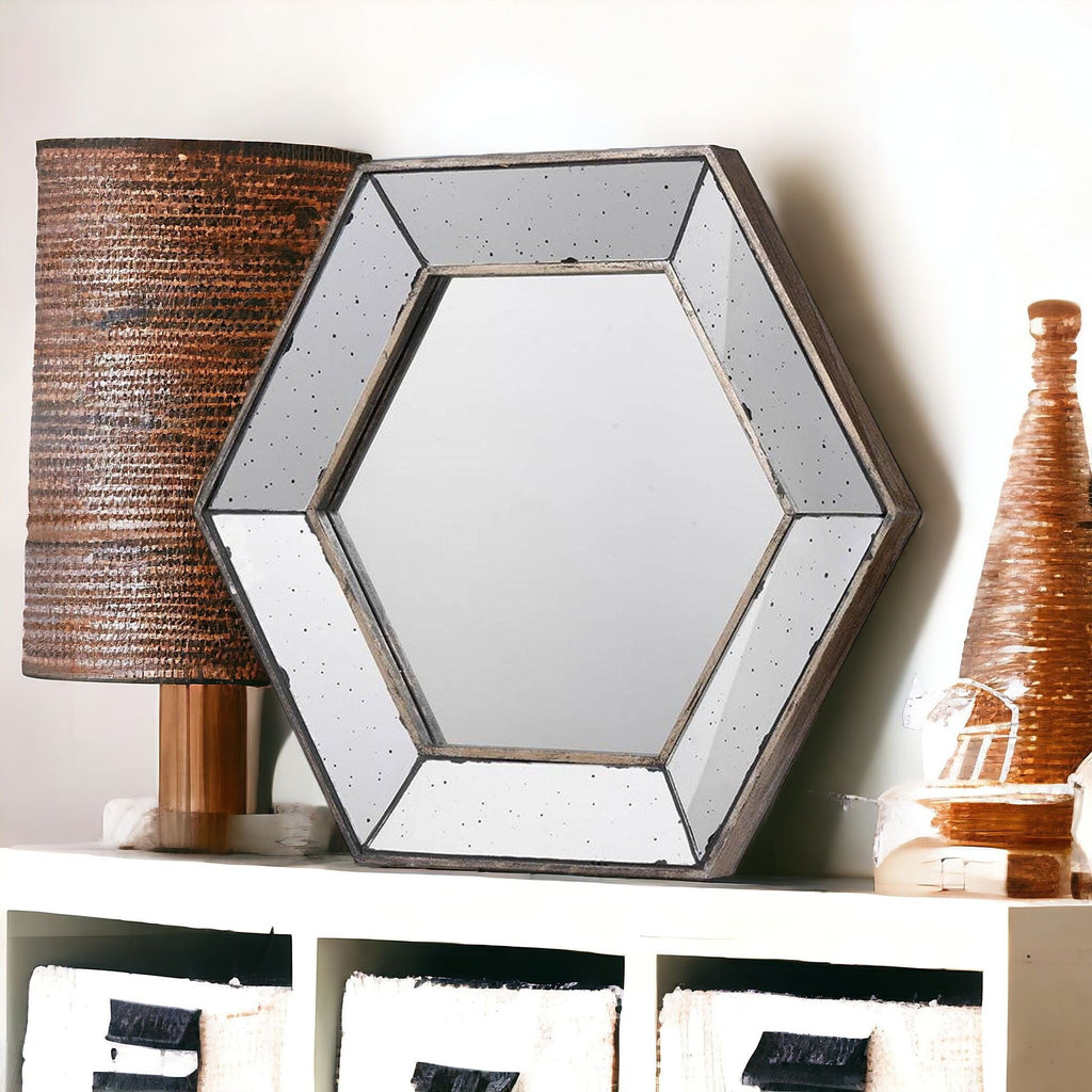 18" Hexagon Wall Mounted Vintage Style Glass Frame Accent Mirror - Montana Home & Kitchen Co.