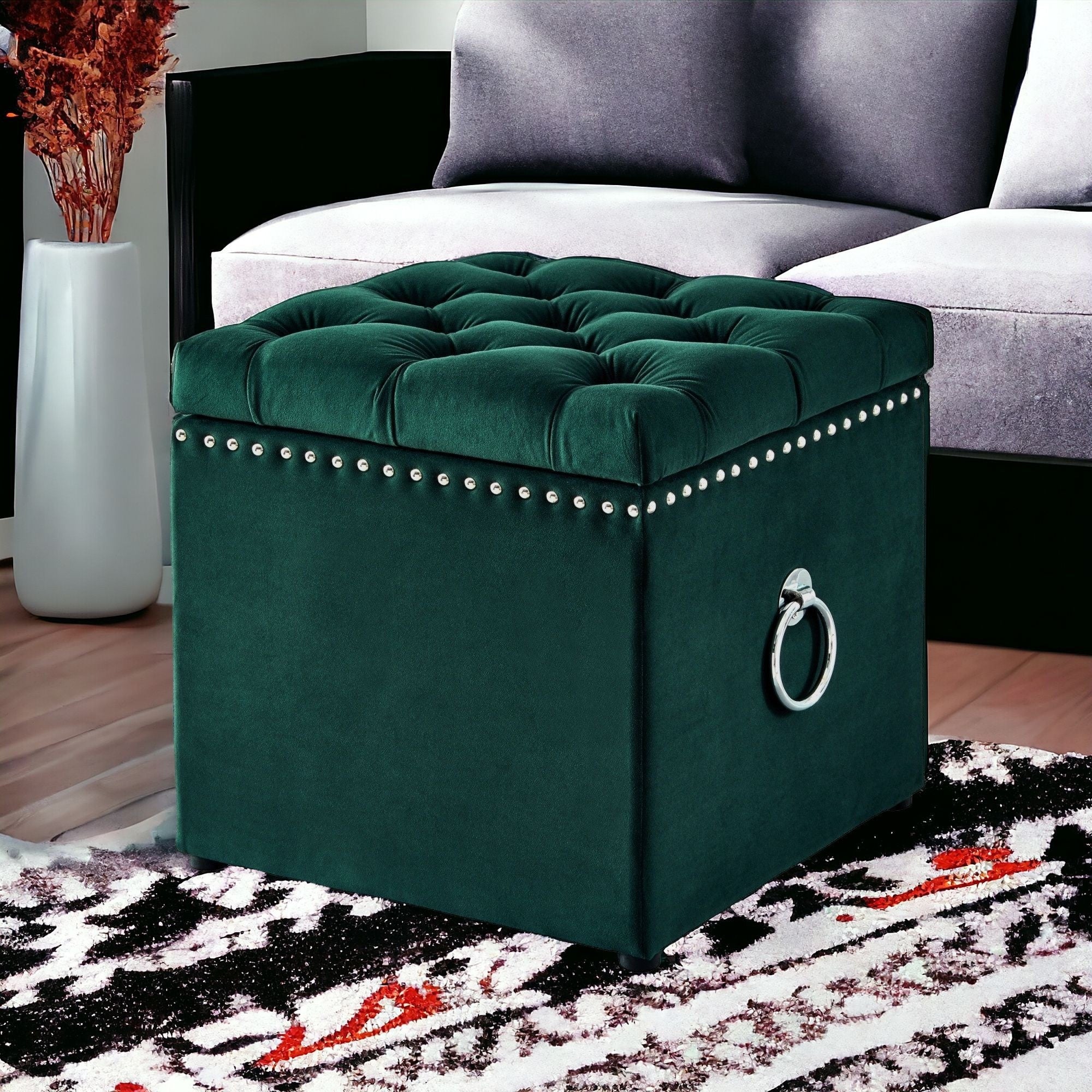 18" Hunter Green Velvet And Black Tufted Storage - Montana Home & Kitchen Co.