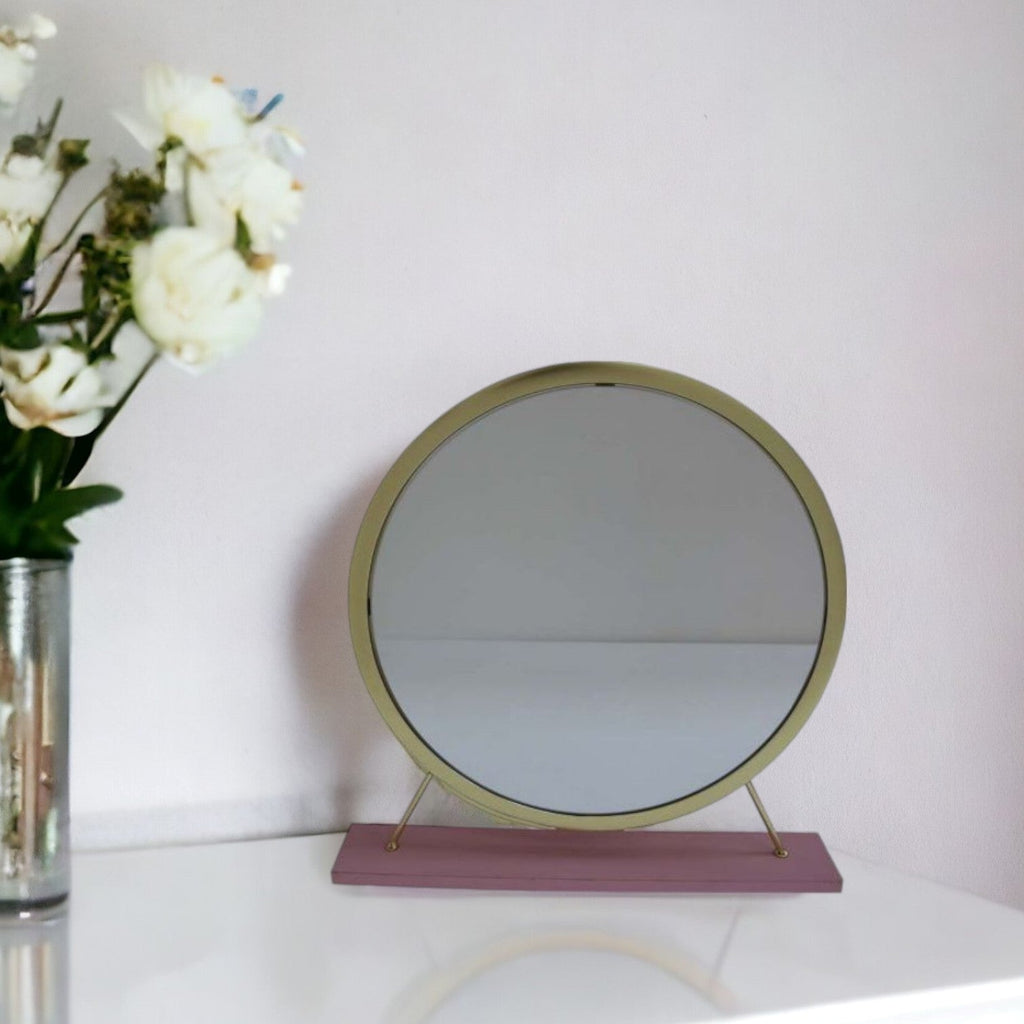 19" Faux Fur, Mirror, Pink & Gold Finish Round Makeup Shaving Tabletop Mirror - Montana Home & Kitchen Co.