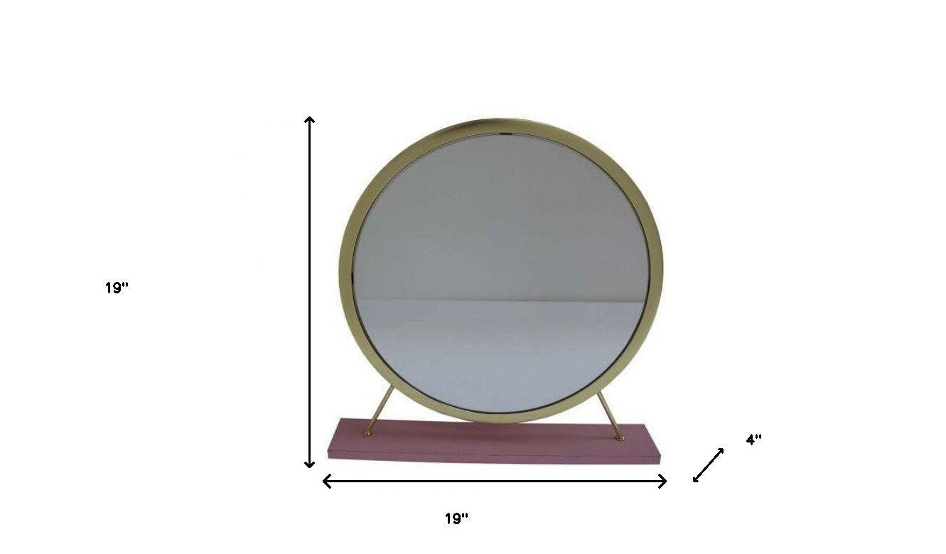 19" Faux Fur, Mirror, Pink & Gold Finish Round Makeup Shaving Tabletop Mirror - Montana Home & Kitchen Co.