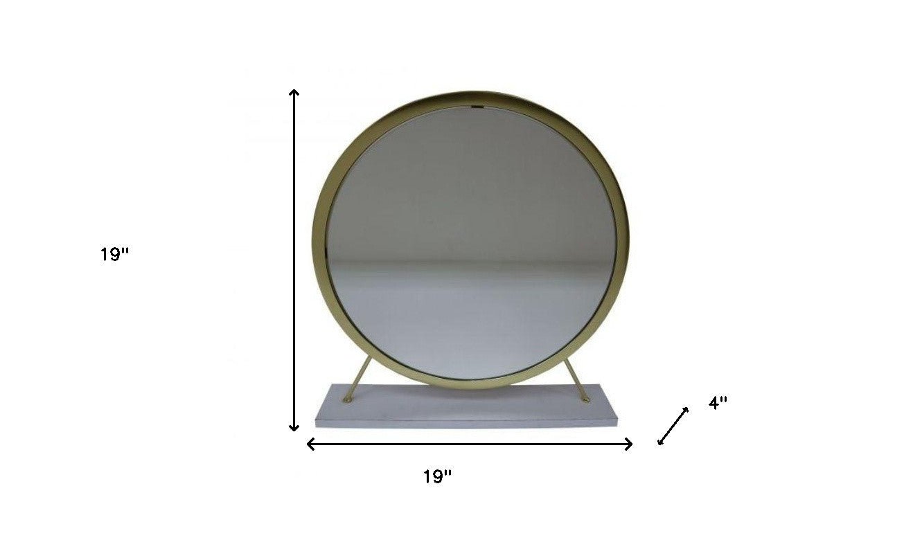 19" Faux Fur, Mirror, White & Brass Finish Round Makeup Shaving Tabletop Mirror - Montana Home & Kitchen Co.