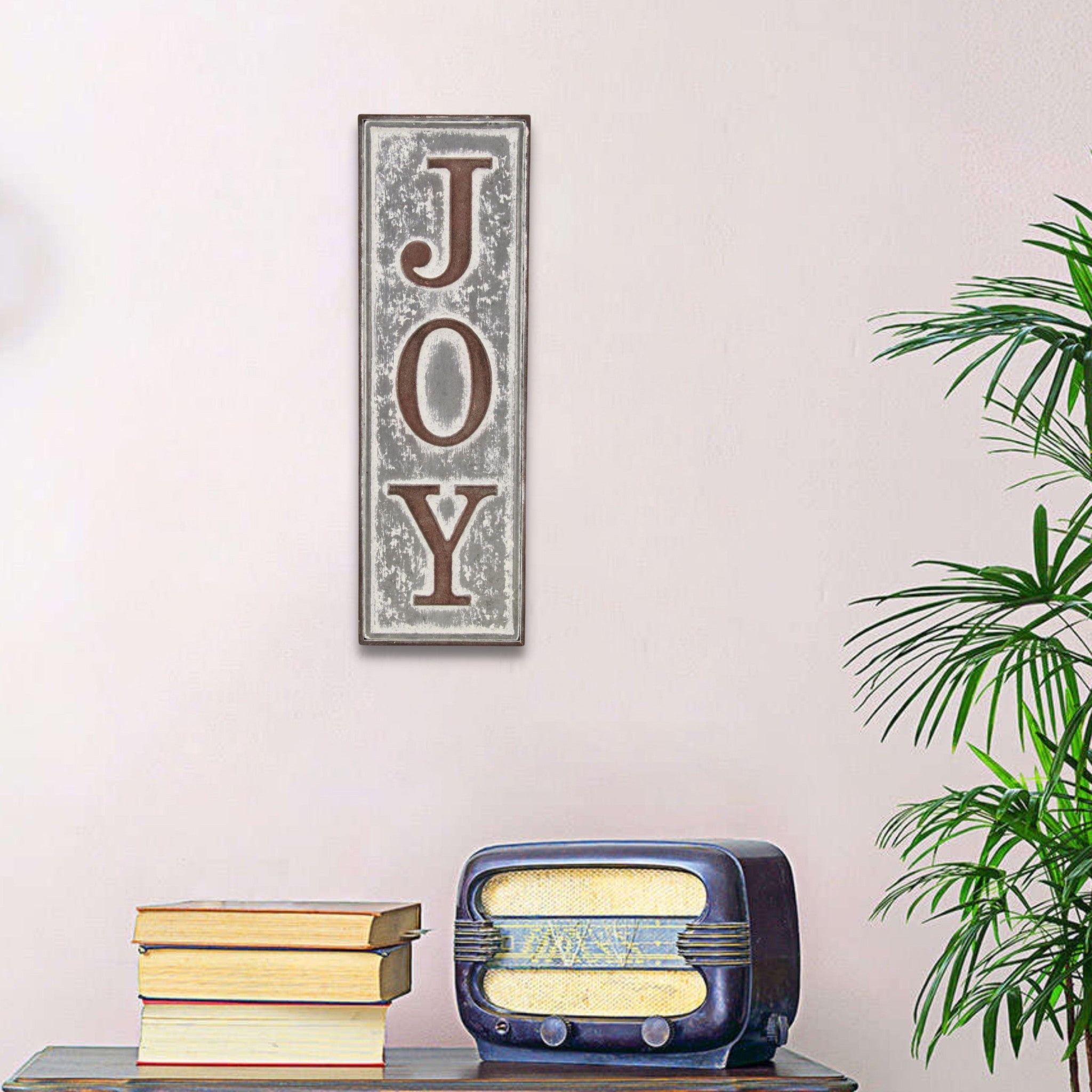 19" X 6" Gray and Brown Handcrafted Joy Metal Wall Decor - Montana Home & Kitchen Co.