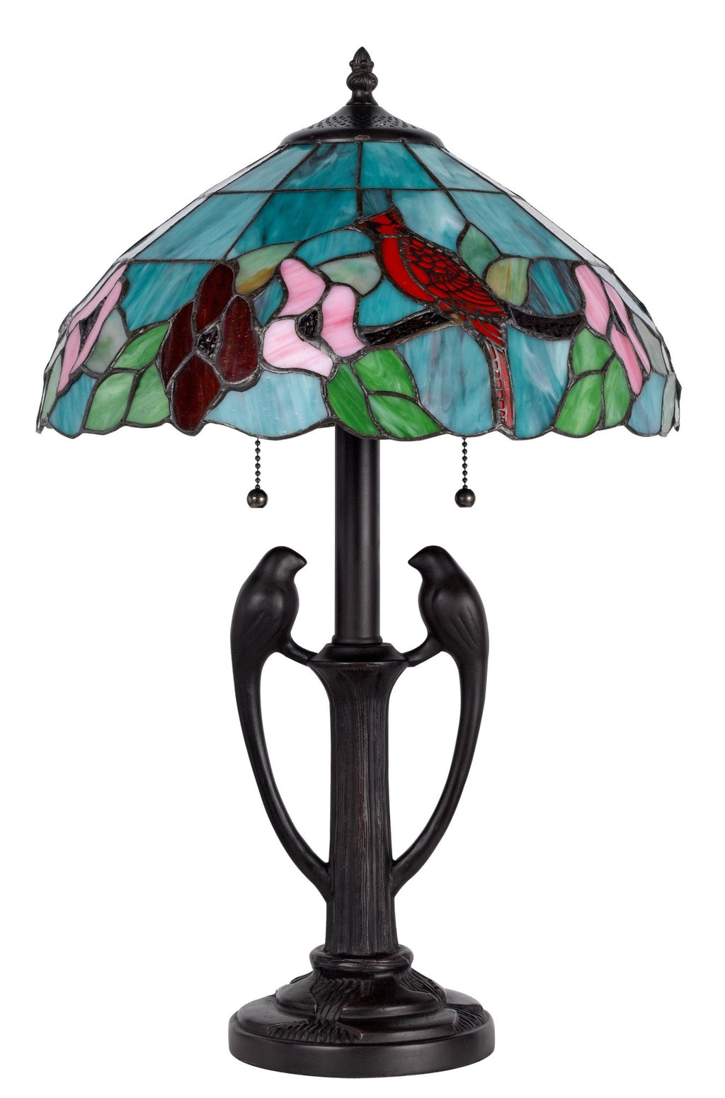 22" Bronze Two Light Tiffany Table Lamp With Aqua and Red Floral Shade - Montana Home & Kitchen Co.