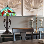 22" Bronze Two Light Tiffany Table Lamp With Aqua and Red Floral Shade - Montana Home & Kitchen Co.