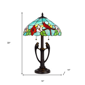 22" Bronze Two Light Tiffany Table Lamp With Aqua and Red Floral Shade - Montana Home & Kitchen Co.