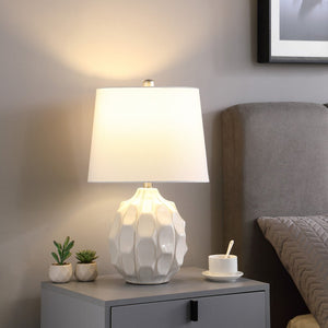 22" Cream Ceramic Faceted Table Lamp With Off White Drum Shade - Montana Home & Kitchen Co.