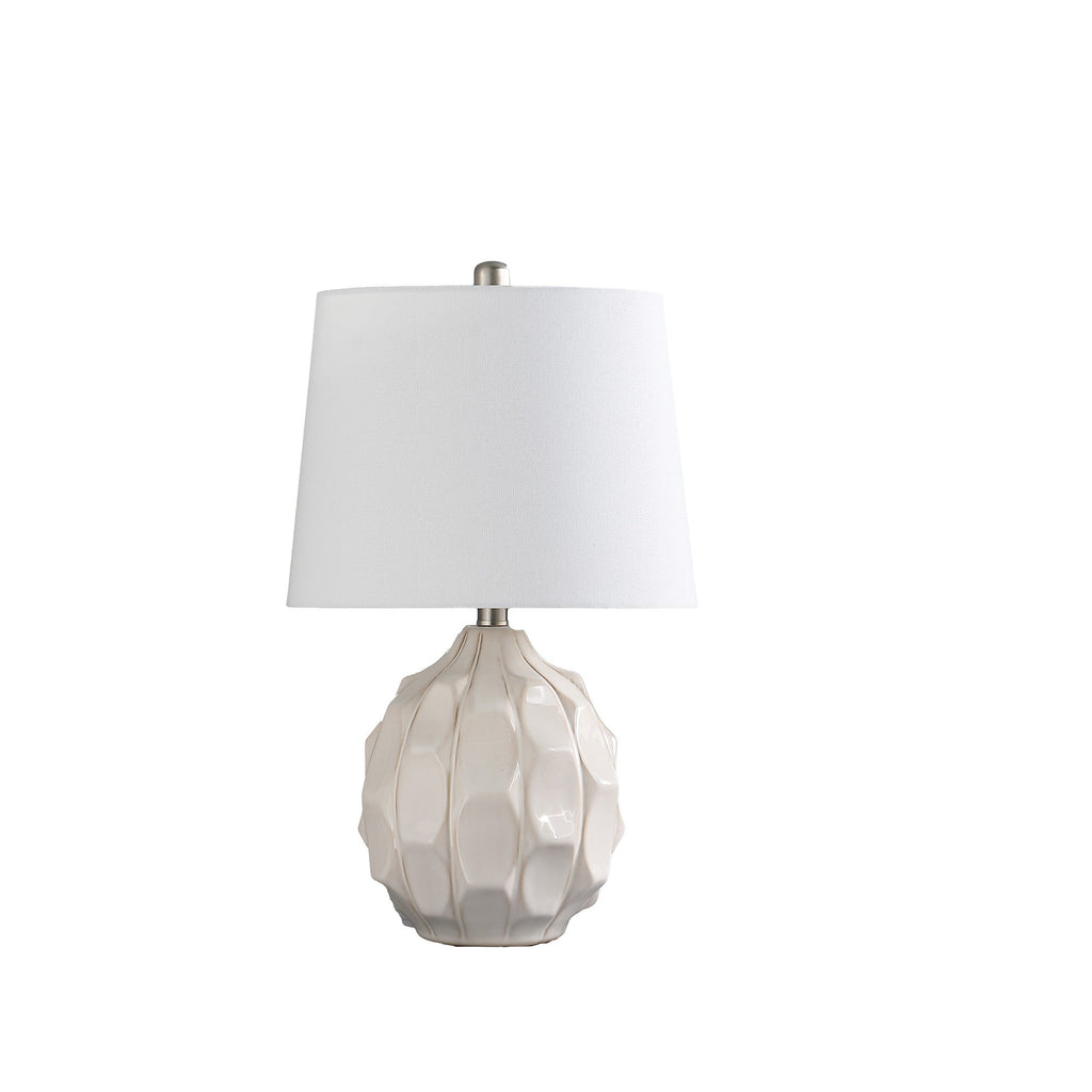 22" Cream Ceramic Faceted Table Lamp With Off White Drum Shade - Montana Home & Kitchen Co.