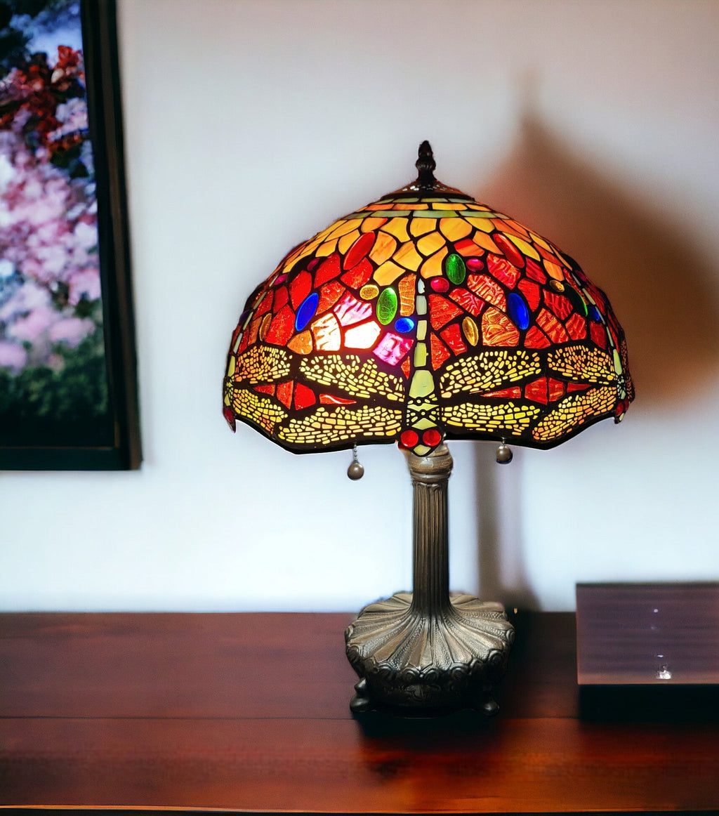 22" Dark Brown Metal Two Light Candlestick Table Lamp With Red and Black Shade - Montana Home & Kitchen Co.