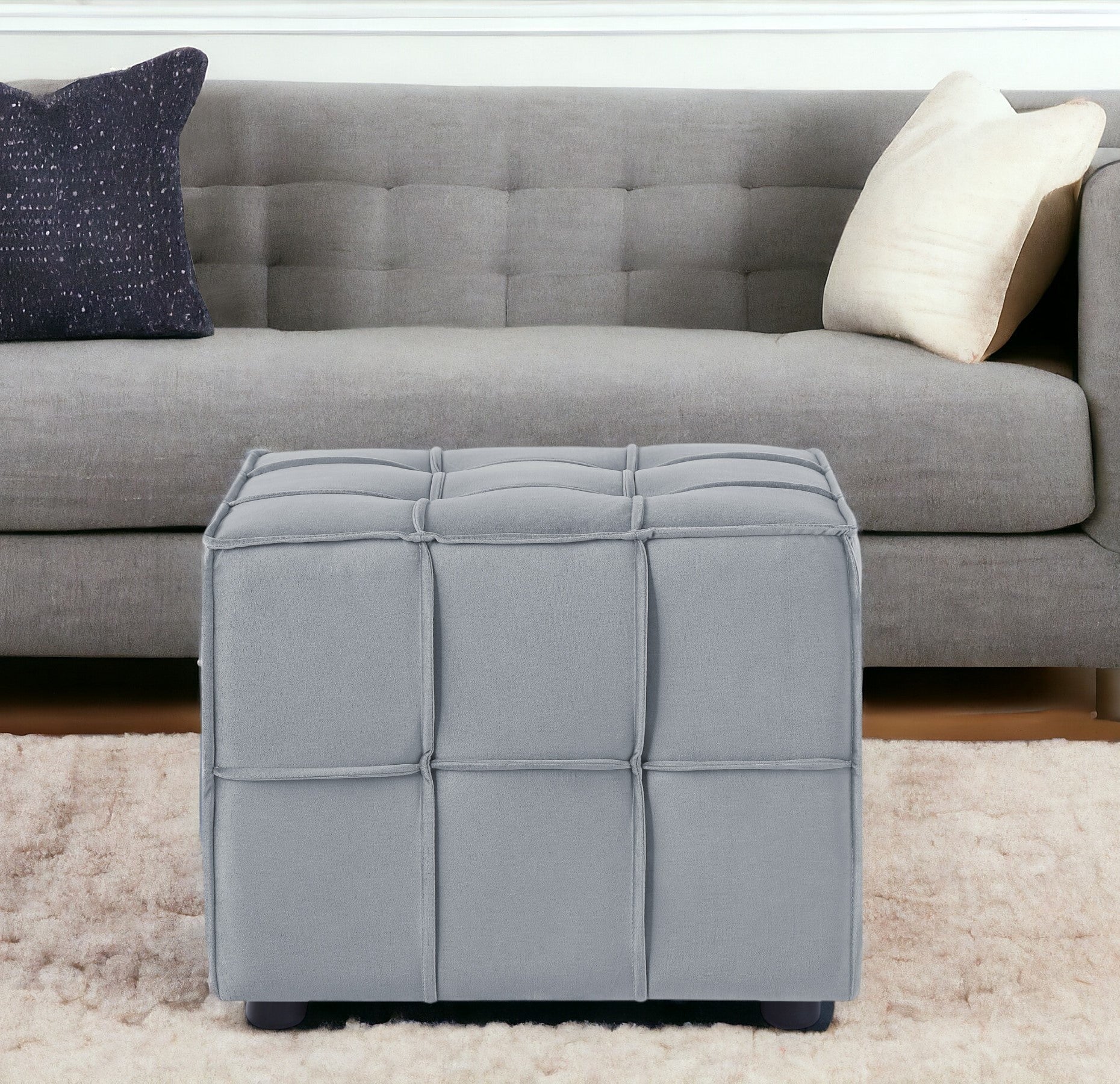 22" Light Gray Velvet And Black Cube Ottoman - Montana Home & Kitchen Co.