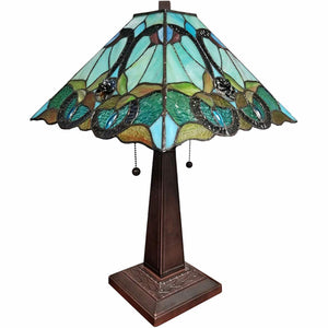 23" Dark Brown Metal Two Light Table Lamp With Blue and Green Cone Shade - Montana Home & Kitchen Co.