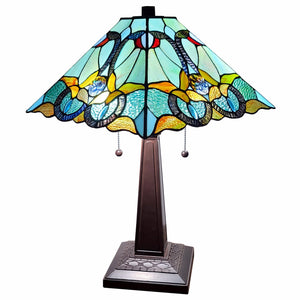 23" Dark Brown Metal Two Light Table Lamp With Blue and Green Cone Shade - Montana Home & Kitchen Co.