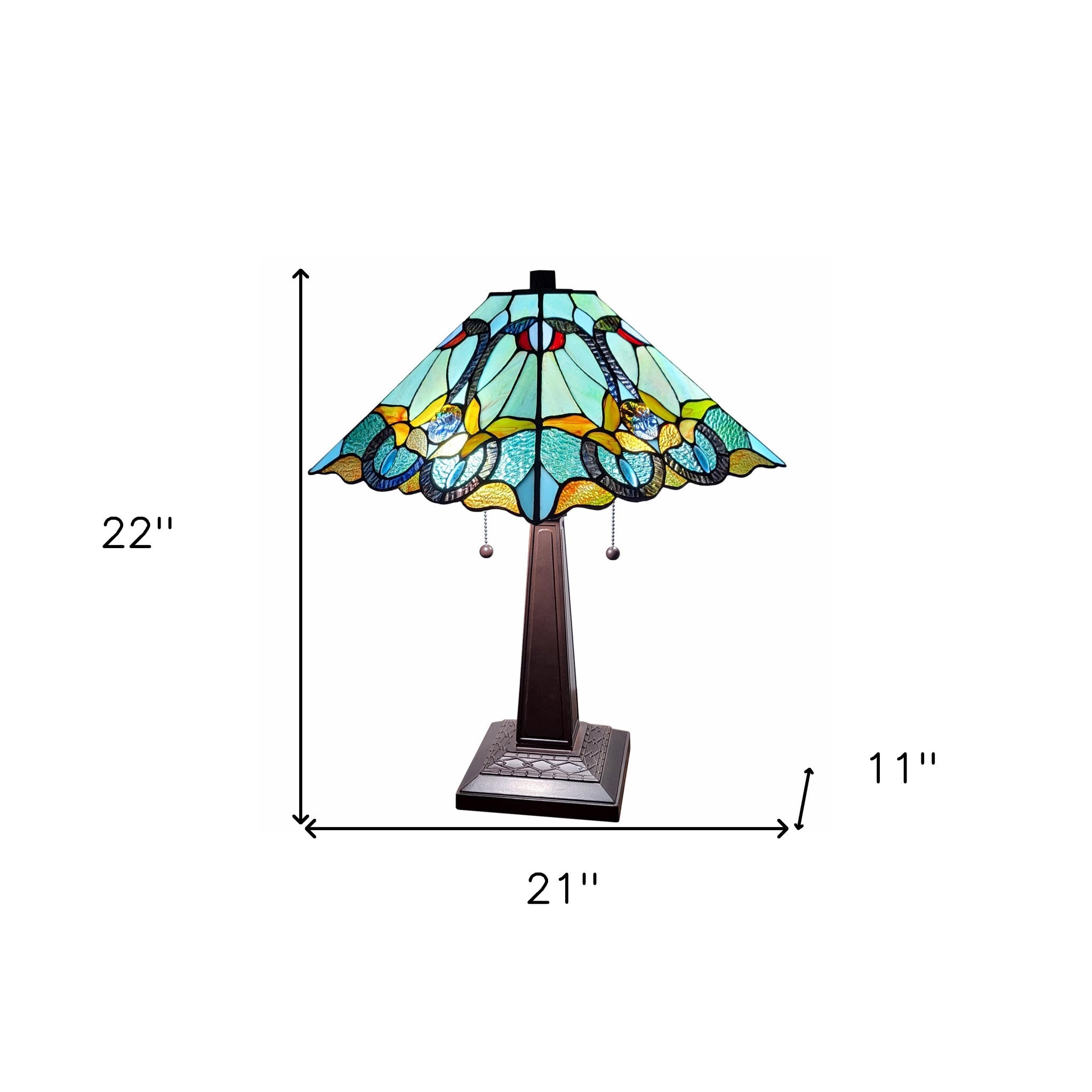 23" Dark Brown Metal Two Light Table Lamp With Blue and Green Cone Shade - Montana Home & Kitchen Co.