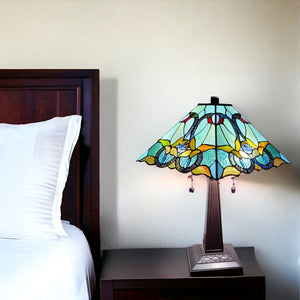 23" Dark Brown Metal Two Light Table Lamp With Blue and Green Cone Shade - Montana Home & Kitchen Co.