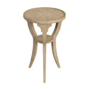 24" Beige Distressed Wood And Solid Wood Round End Table With Shelf - Montana Home & Kitchen Co.