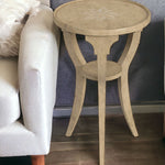 24" Beige Distressed Wood And Solid Wood Round End Table With Shelf - Montana Home & Kitchen Co.