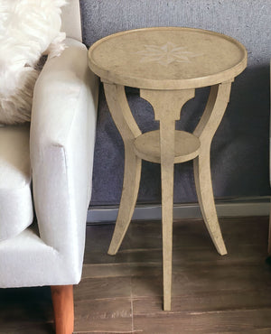 24" Beige Distressed Wood And Solid Wood Round End Table With Shelf - Montana Home & Kitchen Co.