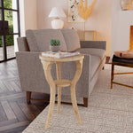 24" Beige Distressed Wood And Solid Wood Round End Table With Shelf - Montana Home & Kitchen Co.