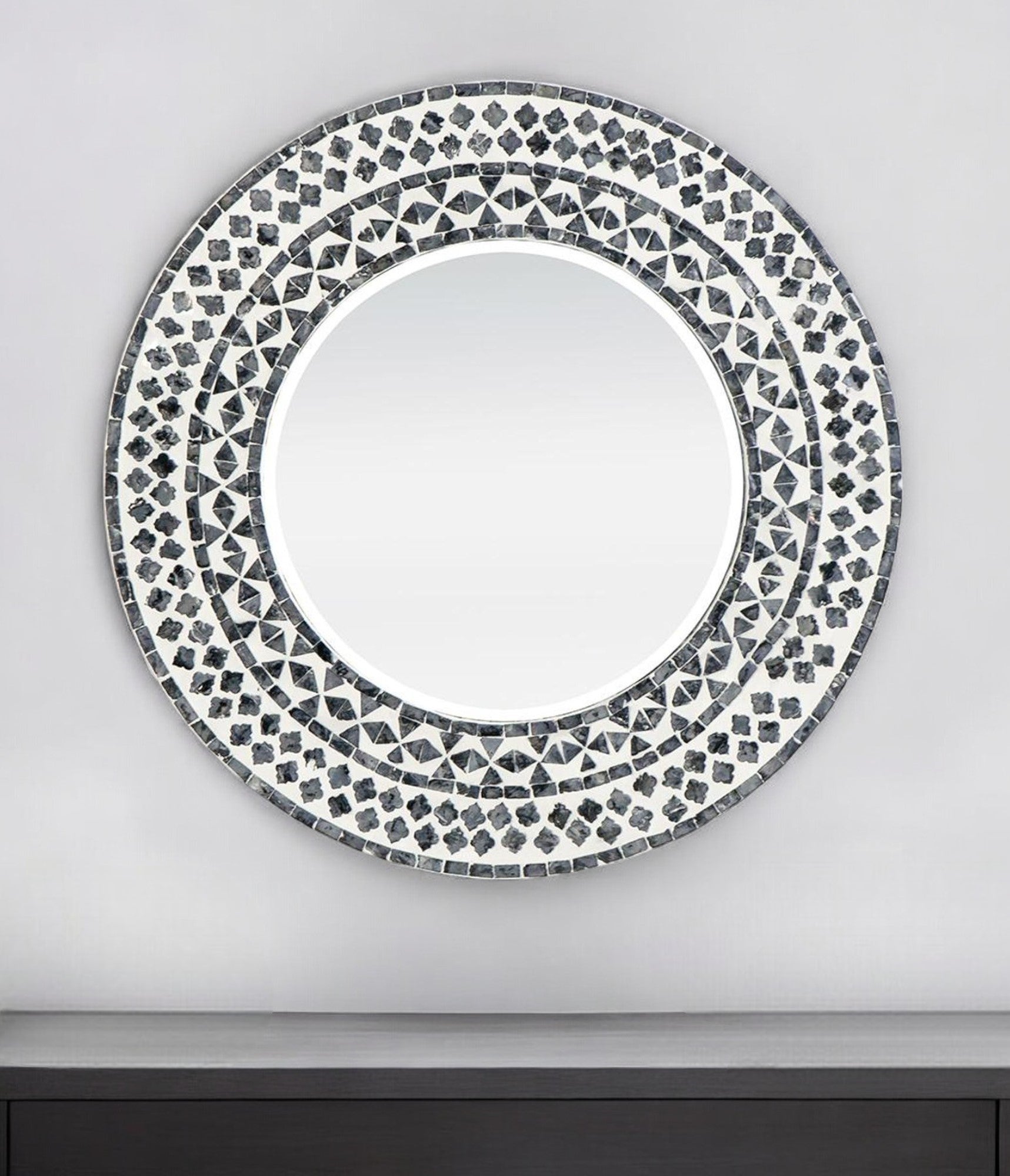 24" Black and White Round Manufactured Wood and Shell Framed Accent Mirror - Montana Home & Kitchen Co.