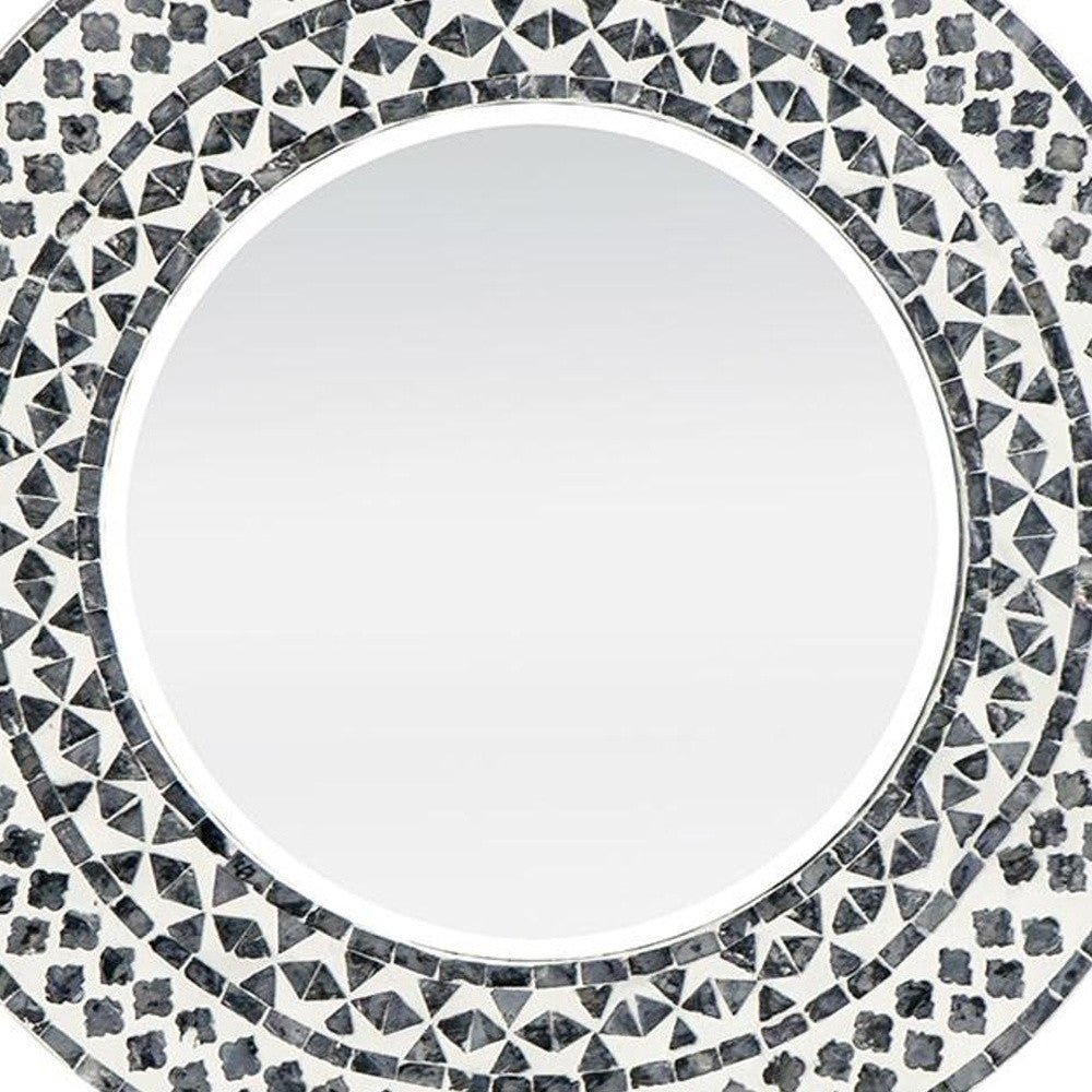 24" Black and White Round Manufactured Wood and Shell Framed Accent Mirror - Montana Home & Kitchen Co.