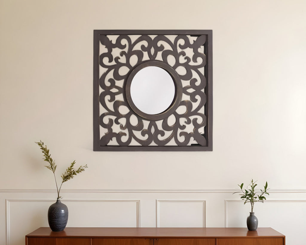 24" Brown Circle In Square Vintage Style Framed Accent Mirror - Montana Home & Kitchen Co.