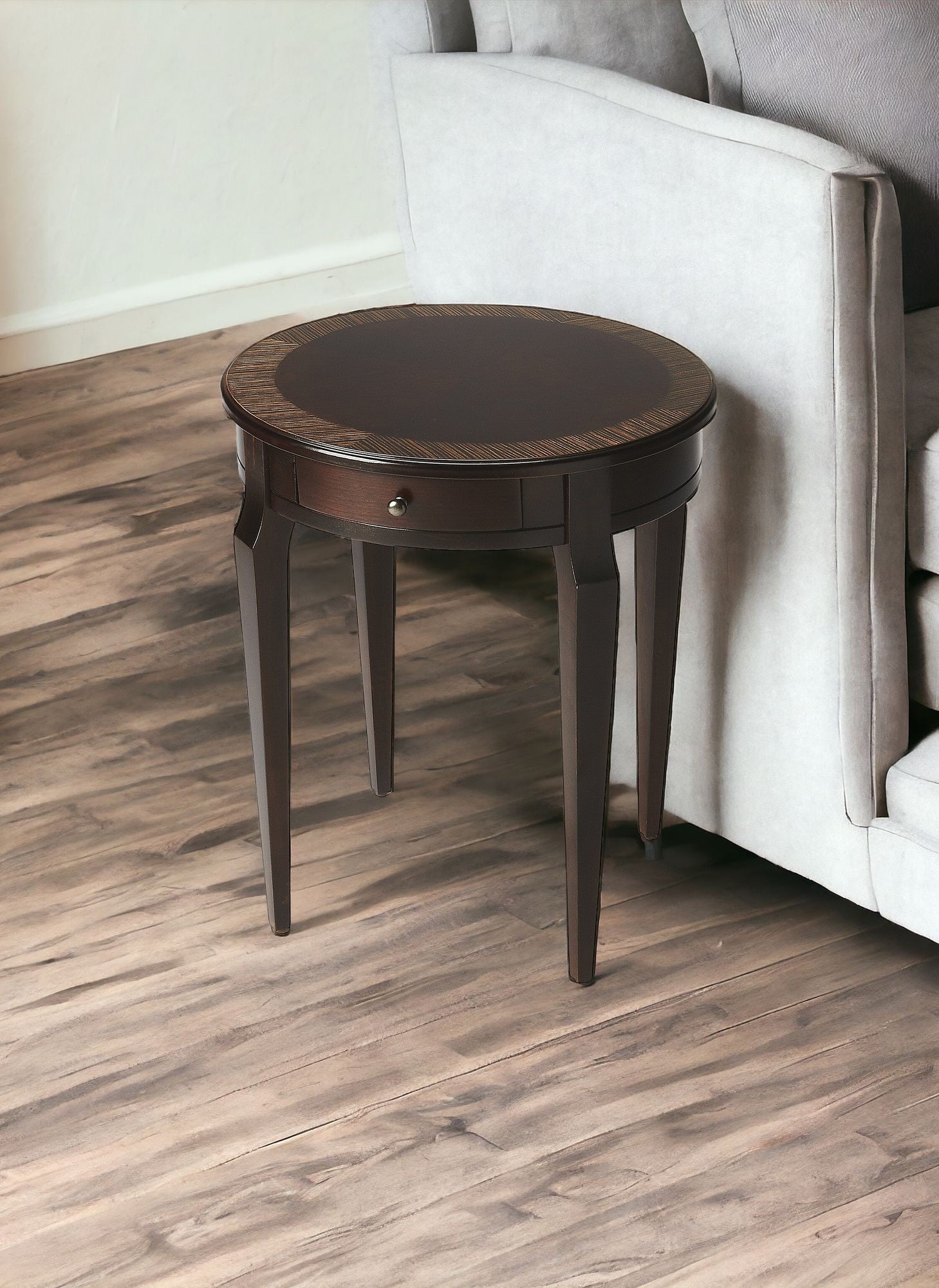 24" Dark Brown Wood And Wood Round End Table With Drawer - Montana Home & Kitchen Co.