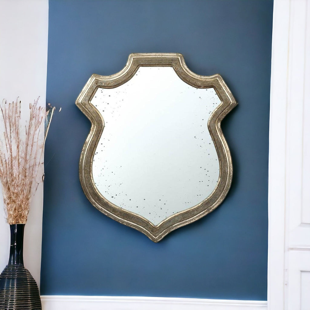 24" Distressed Metallic Crest Shape Wall Mounted Accent Mirror Framed - Montana Home & Kitchen Co.