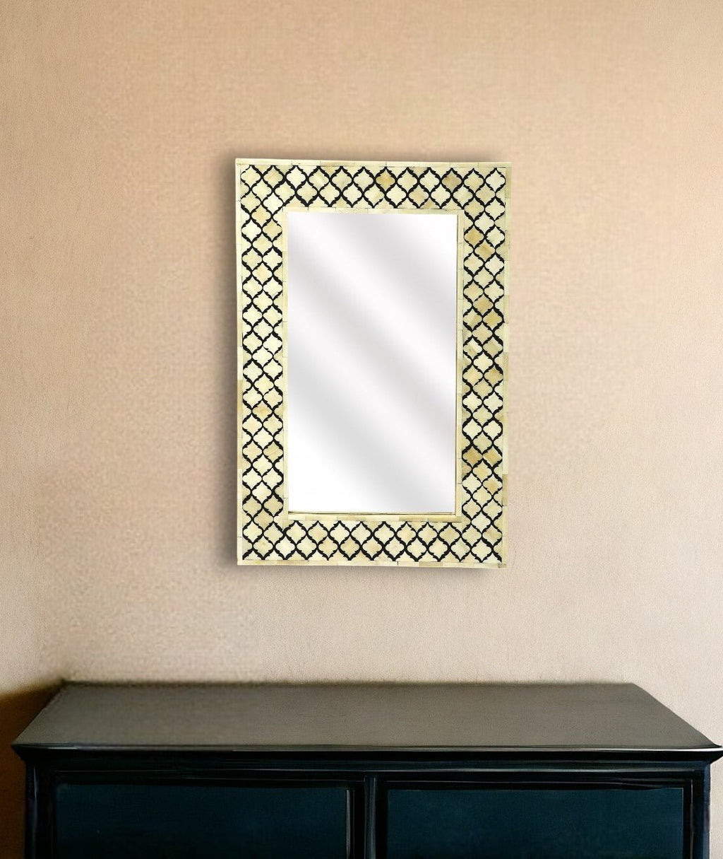 24" Ivory and Black Quatrefoil Bone Inlay Framed Wall Mirror - Montana Home & Kitchen Co.