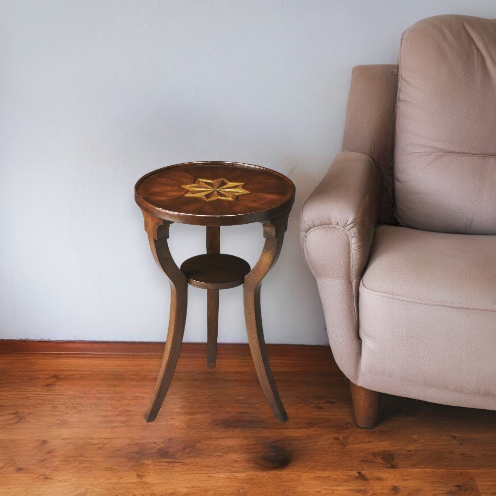 24" Wood Brown Wood And Solid Wood Round End Table With Shelf - Montana Home & Kitchen Co.