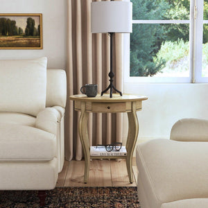 26" Beige Manufactured Wood Oval End Table With Drawer And Shelf - Montana Home & Kitchen Co.