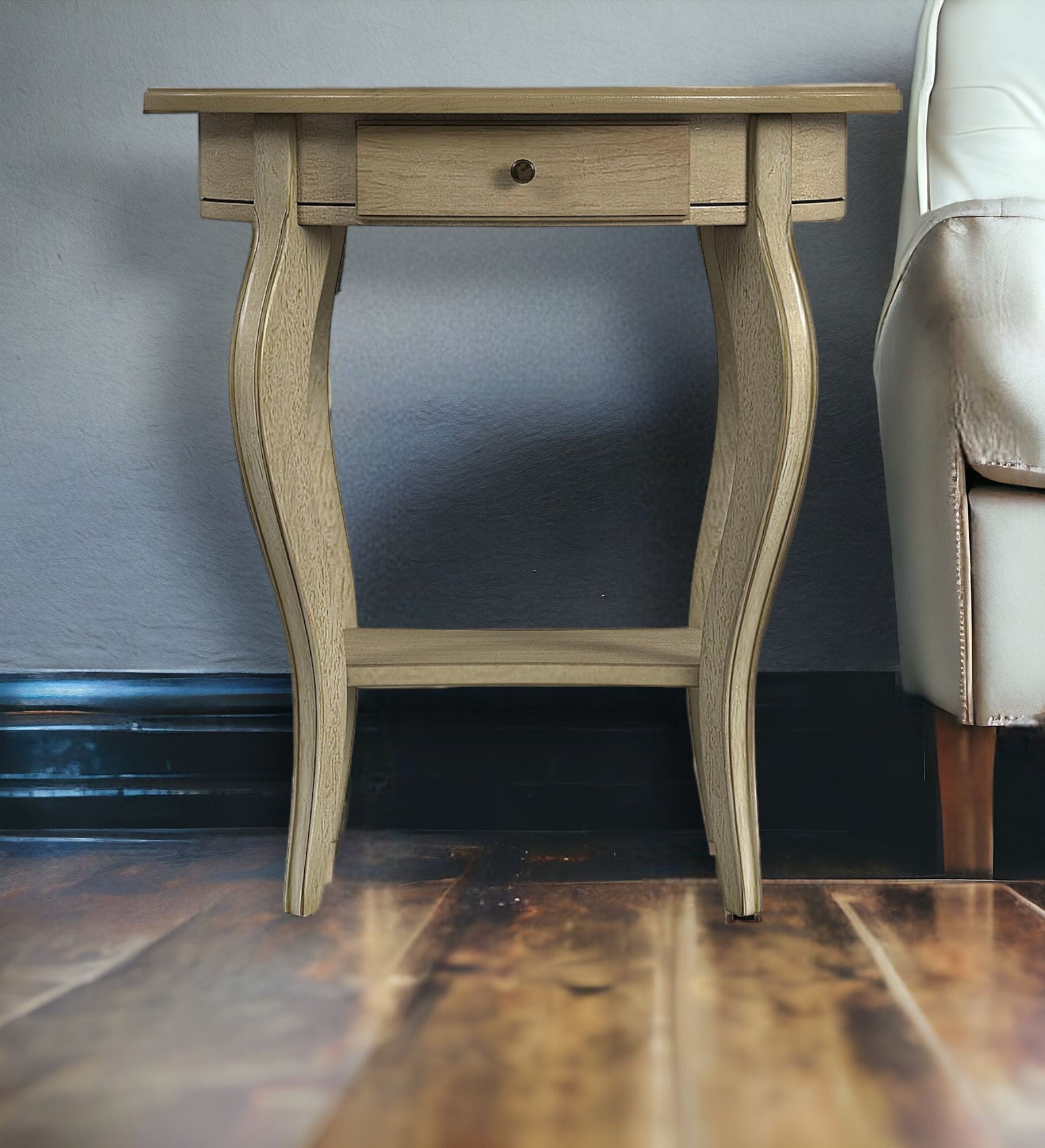 26" Beige Manufactured Wood Oval End Table With Drawer And Shelf - Montana Home & Kitchen Co.