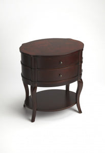 26" Dark Brown And Cherry Solid And Manufactured Wood Oval End Table With Two Drawers And Shelf - Montana Home & Kitchen Co.