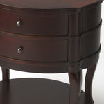 26" Dark Brown And Cherry Solid And Manufactured Wood Oval End Table With Two Drawers And Shelf - Montana Home & Kitchen Co.