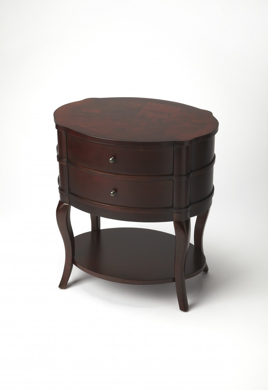 26" Dark Brown And Cherry Solid And Manufactured Wood Oval End Table With Two Drawers And Shelf - Montana Home & Kitchen Co.