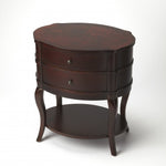 26" Dark Brown And Cherry Solid And Manufactured Wood Oval End Table With Two Drawers And Shelf - Montana Home & Kitchen Co.