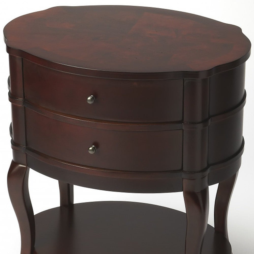 26" Dark Brown And Cherry Solid And Manufactured Wood Oval End Table With Two Drawers And Shelf - Montana Home & Kitchen Co.